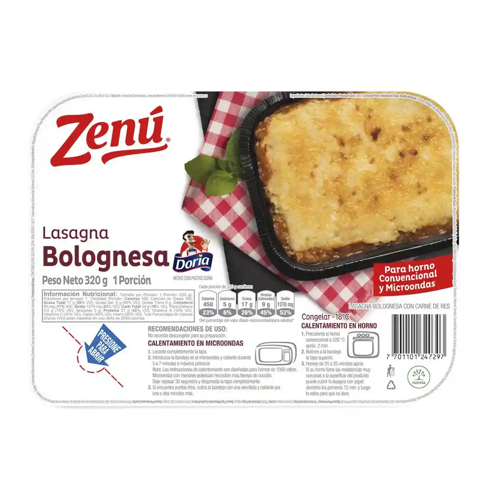 Zenú Lasagna Bolognesa para Microondas