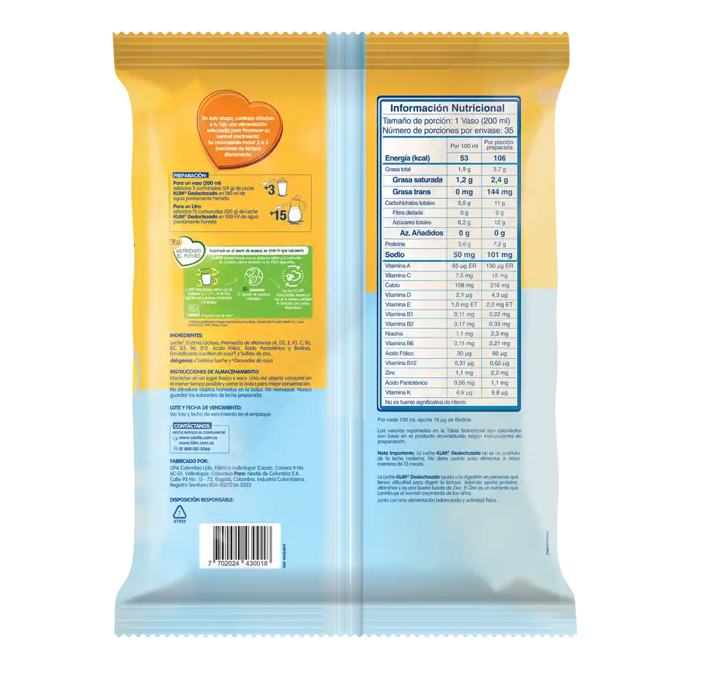 Leche en polvo KLIM Deslactosada x 840g