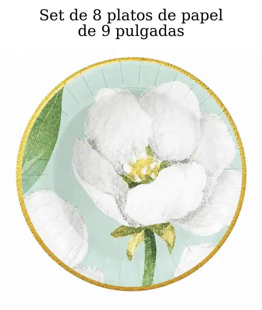 Playmart Verde y Flores Blancas Plato de Papel de 9 In -