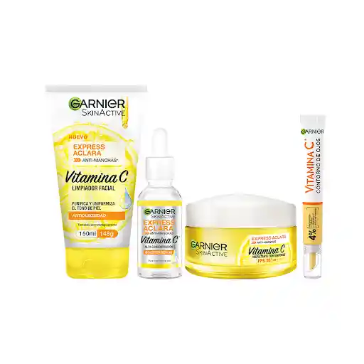 Combo Garnier Express Aclara Gel Limpiador + Crema + Serum + Contorno de Ojos Pack