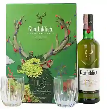 Whisky Glenfiddich 12 años + 2 vasos y empaque especial