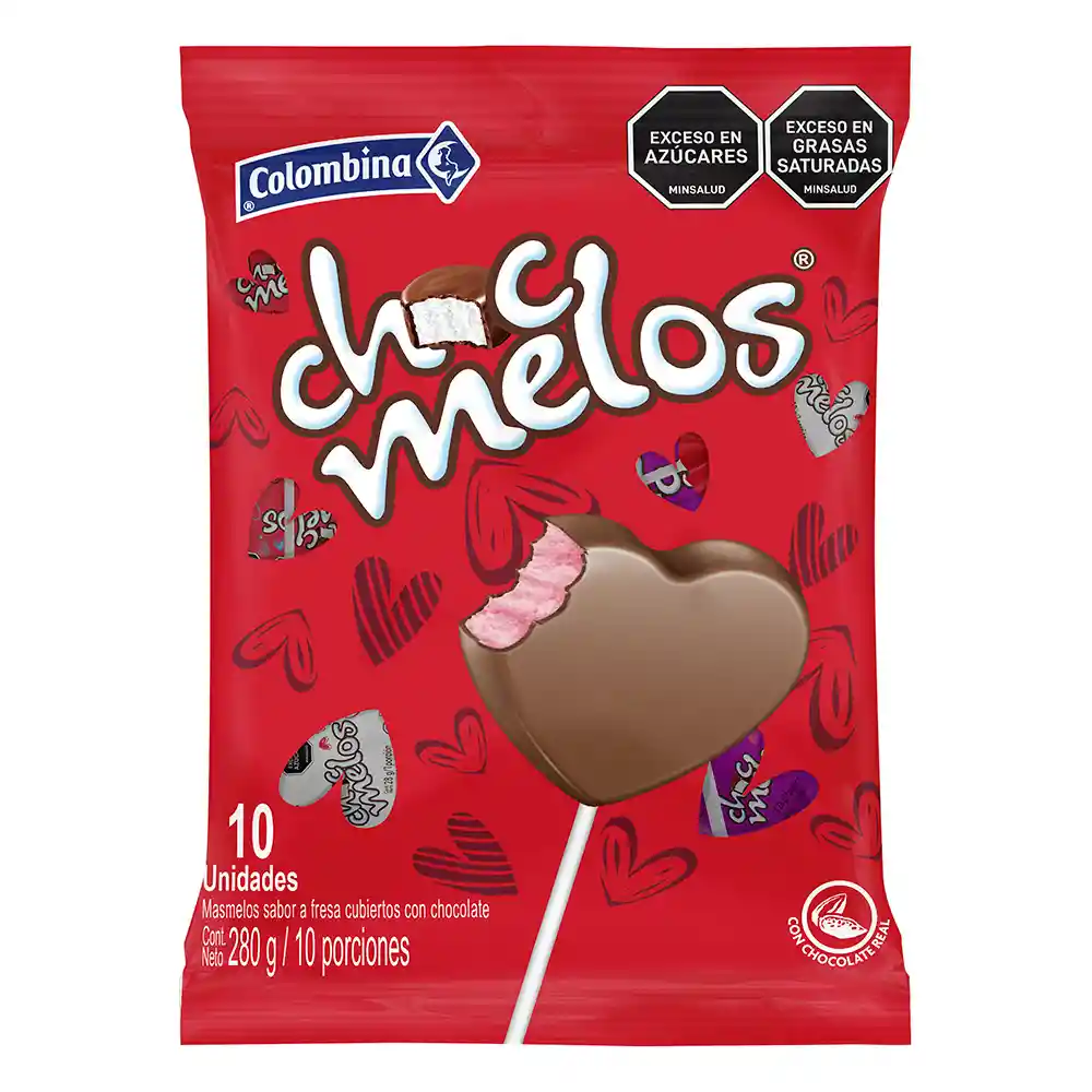 Chocmelos Paleta Corazón Sabor a fresa cubiertos con chocolate Bolsa  por 10 uds