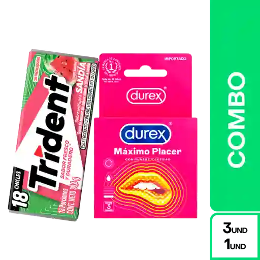 Combo Durex Condon Máximo Placer + Trident Sandia