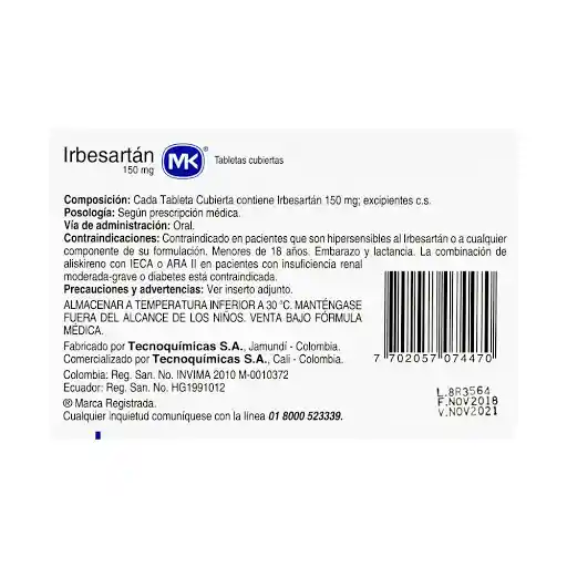 Mk Irbesartán (150 mg) 14 Tabletas