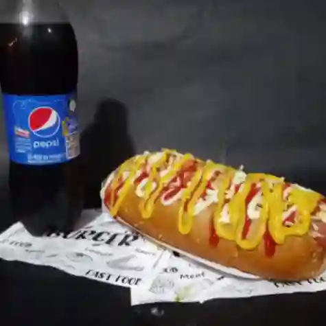 Perro tocineta con gaseosa 400ml.