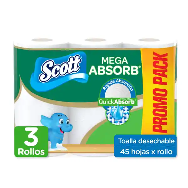 Toalla de Papel Desechable Scott Mega Absorb 45 Hojas 3 Und
