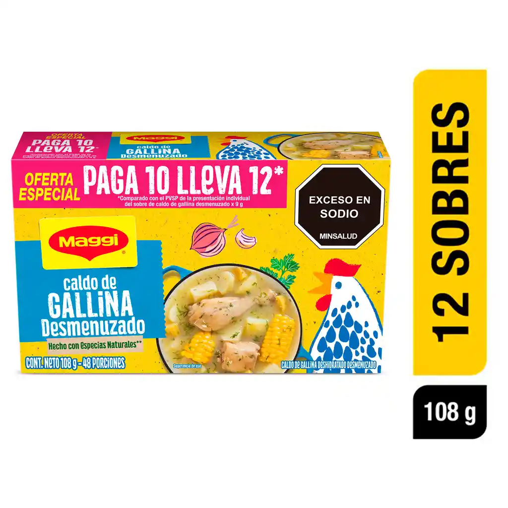 Caldo de Gallina MAGGI Desmenuzado pague 10 lleve 12 sobres x 90 gr