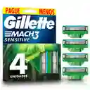 Gillette Repuesto Cuchilla Afeitar Aloe Mach3 Sensitive 4 Und