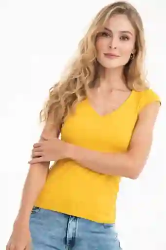 Camiseta Basica Escote V Color Amarillo Mostaza Talla XS Ragged