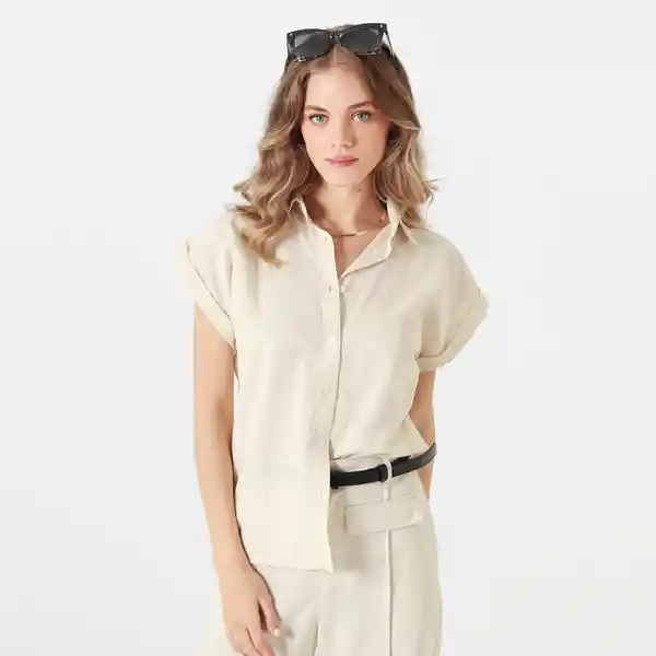 Blusa Cuello Camisero Manga Corta Beige Talla S 701860