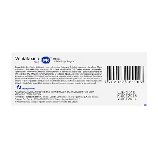 Venlafaxina Liberación Prolongada (75 mg)