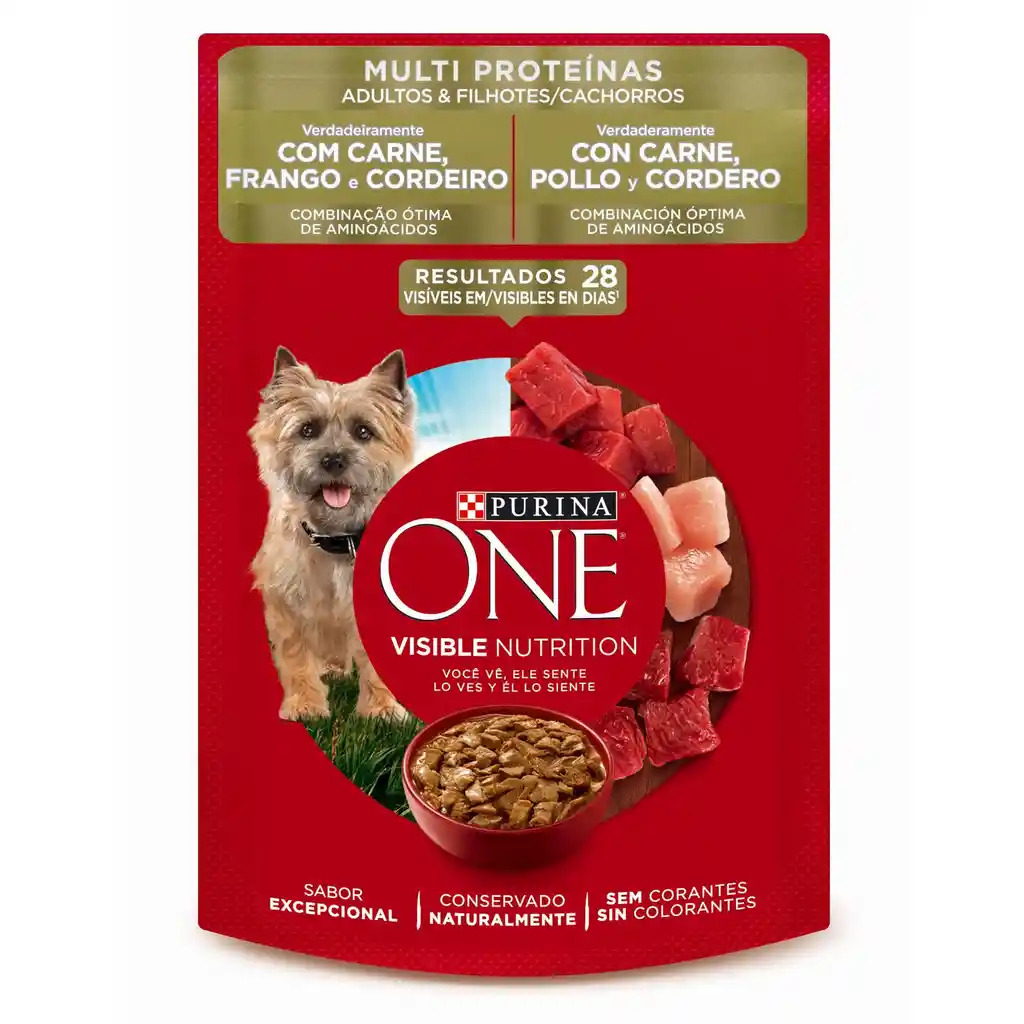 Comida húmeda para perros cachorros y adultos sabor a Carne, pollo y cordero Purina One x 85gr