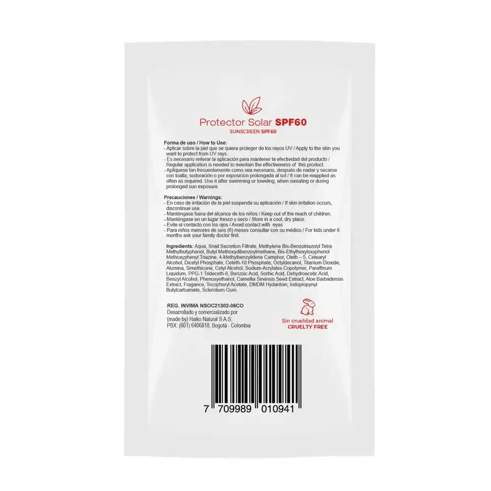 Protector Solar Haiko Spf60 Extracto de Caracol X12und