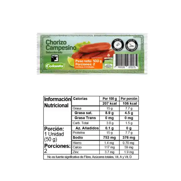 Chorizo Campesino Seleccionado Colanta Duopack x 100 g