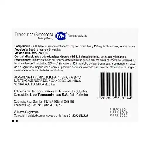 Mk Trimebutina/Simeticona (200 mg/120 mg) 30 Tabletas