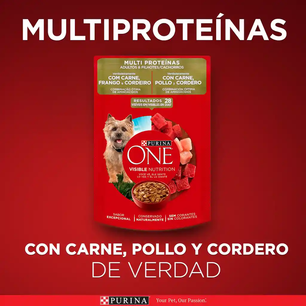 Comida húmeda para perros cachorros y adultos sabor a Carne, pollo y cordero Purina One x 85gr