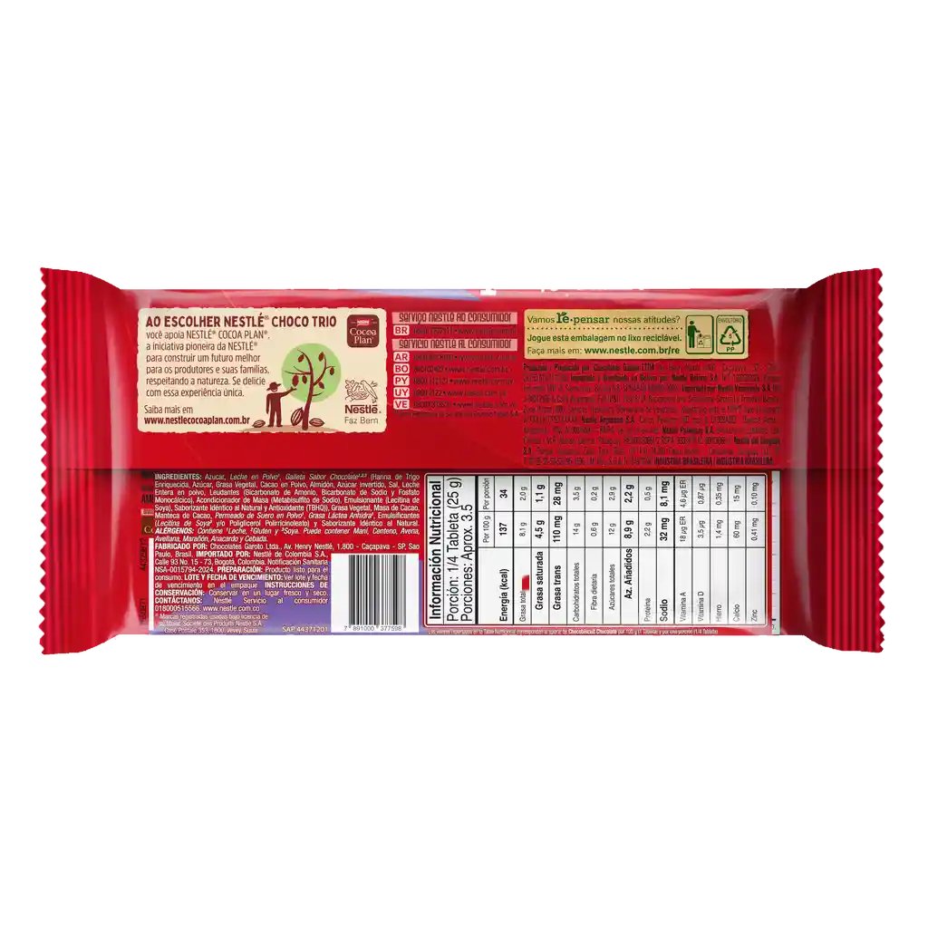 Chocolate ChocoTrio NESTLÉ con galleta y relleno sabor chocolate x 90g
