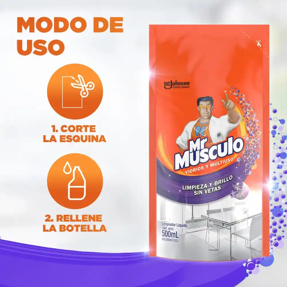 Mr Musculo limpiavidrios lavanda repuesto, 500 ml