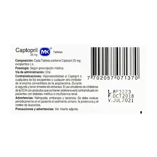 Mk Captopril (25 mg) 30 Tabletas
