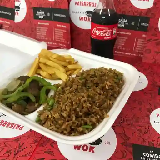 Arroz, Tiras de Lomo de Cerdo, Papas y Bebida
