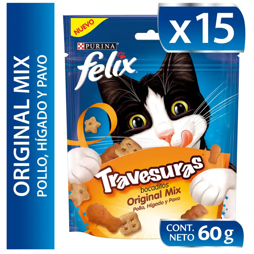 Snack para gatos adultos de todas las razas Purina Felix Travesuras sabor a Pollo, Hígado y Pavo x 60gr