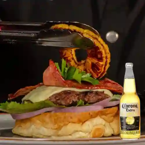 Combo burger isleña + cerveza corona