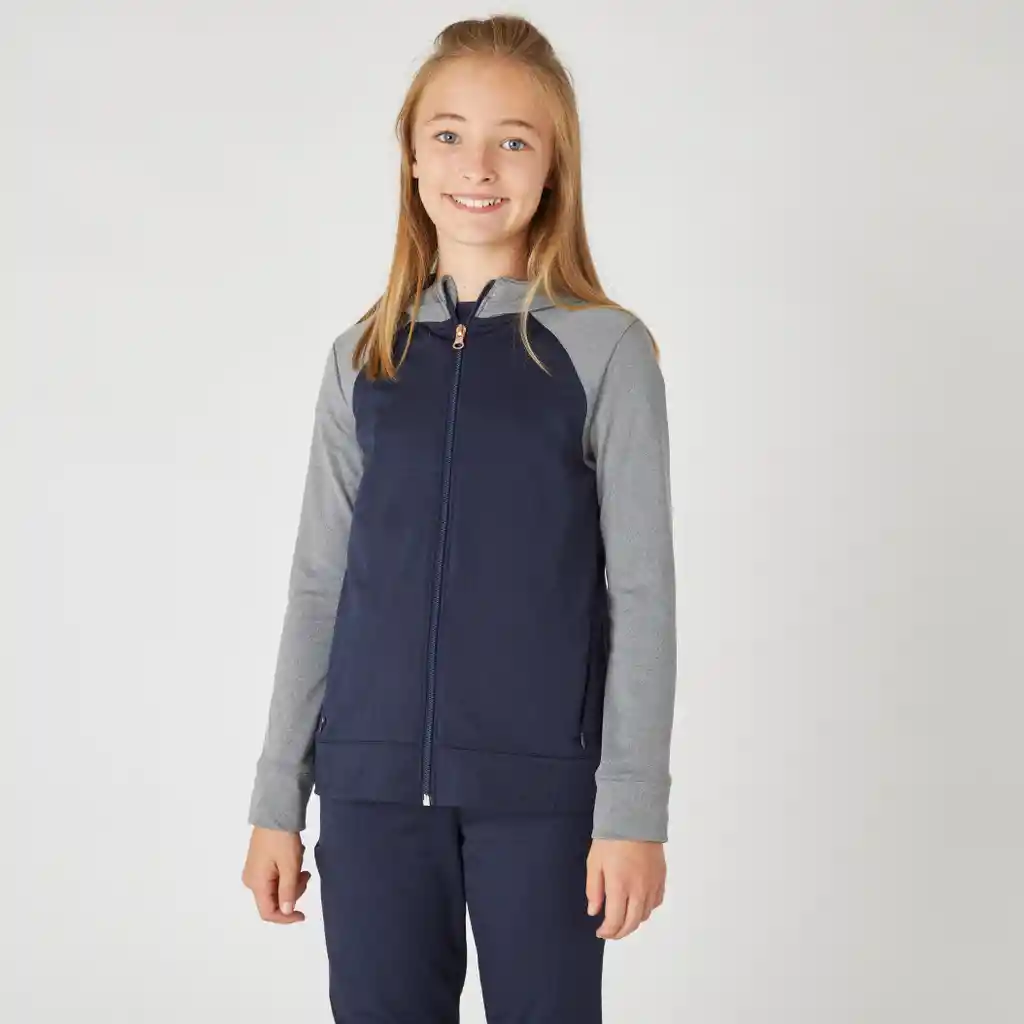 Chaqueta de Fitness Con Cremallera y Capucha Para Niñas Domyos Azul Oscuro/gris