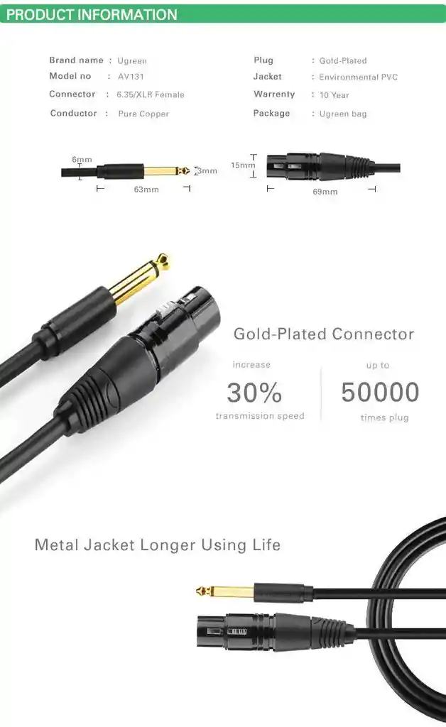 Cable Microfono 6.35 Macho A Xlr Hembra 3mt Ugreen 20720