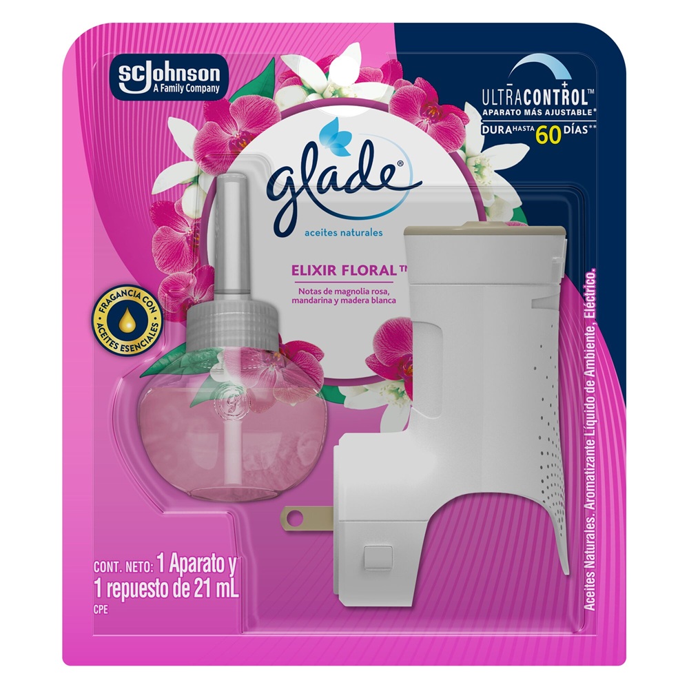 Glade Ambientador Aceites Naturales Elixir Floral Aparato y 1 Repuesto 21ml