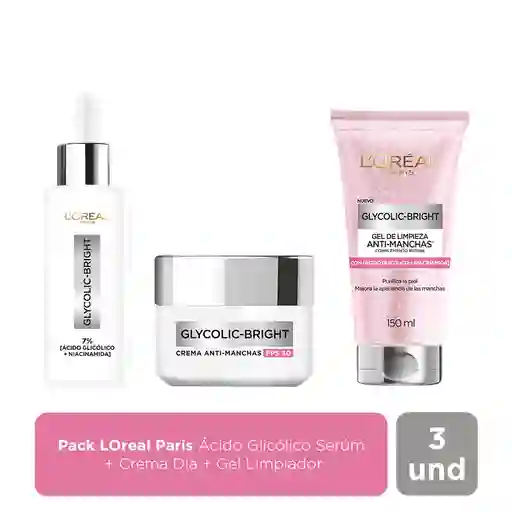 Combo L'Oréal Paris Ácido Glicólico + Crema Día + Gel Limpiador