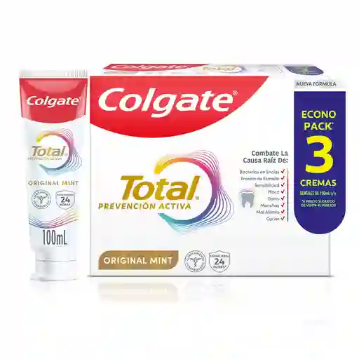 Crema Dental Colgate Total Original Mint Prevención Activa 3x100ml