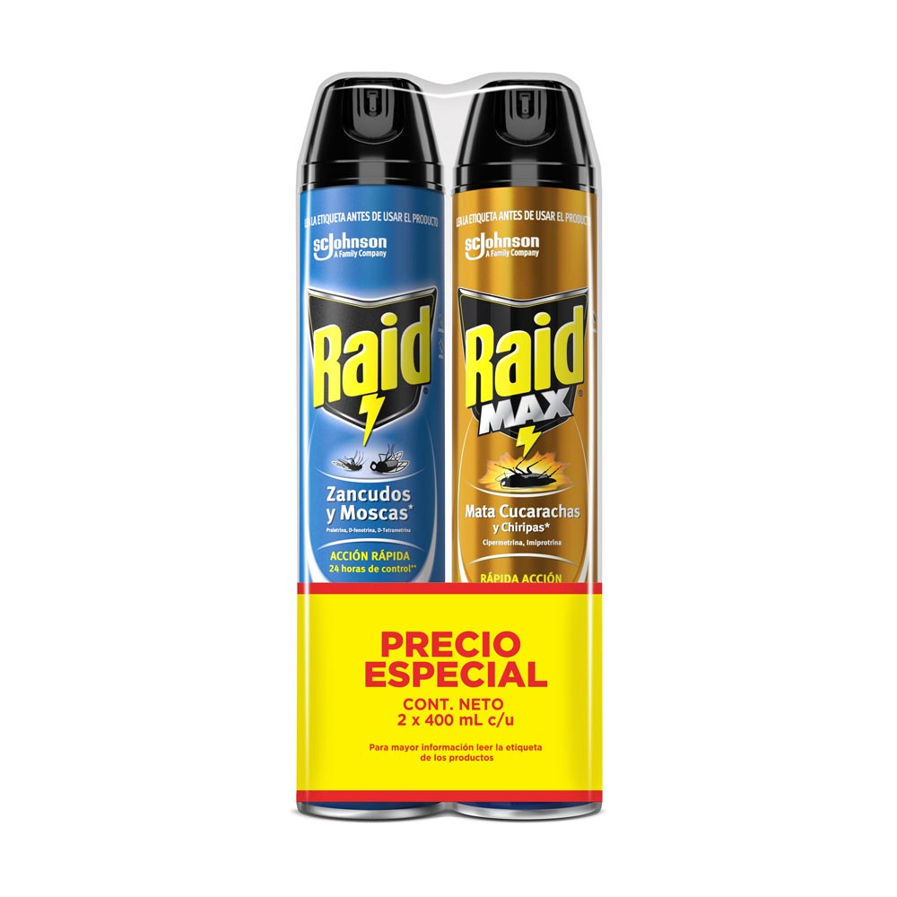 Raid Insecticida Aerosol Mata Insectos Voladores + rastreros 2 x 400 ml
