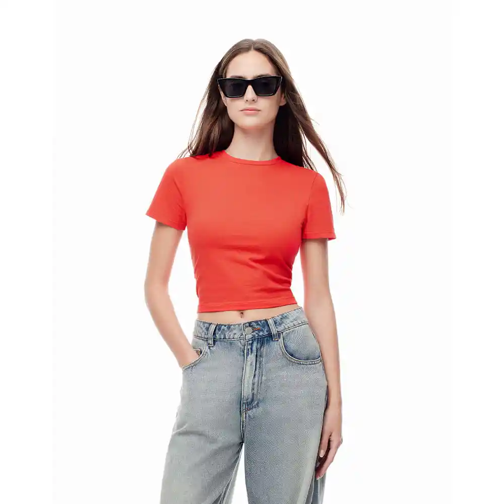 Camiseta Manga Corta Silueta Ajustada en Algodón Femenino Lovit Gef Talla M