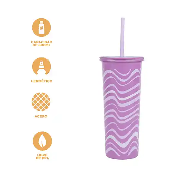 Vaso de Acero Con Pitillo Olas Rosa 800 mL Miniso
