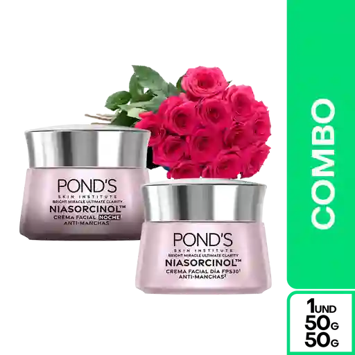 Combo Crema Ponds Bright Miracle Día y Noche 50 g + Flores Mamá