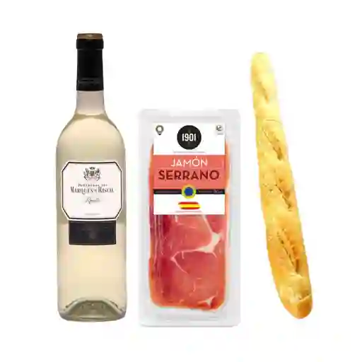 Combo Marques de Riscal V.Blanco + Jamon Serrano + Pan Baguette