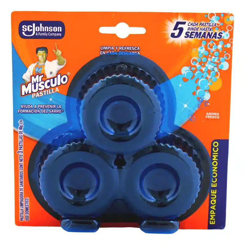 Mr. Musculo Limpiador para Inodoro pastilla tanque brisa marina 3 unds, 40 gr c/u