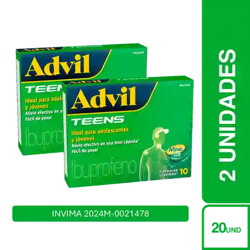 2 x Advil Teens Ibuprofeno (200 mg) 10 Cápsulas