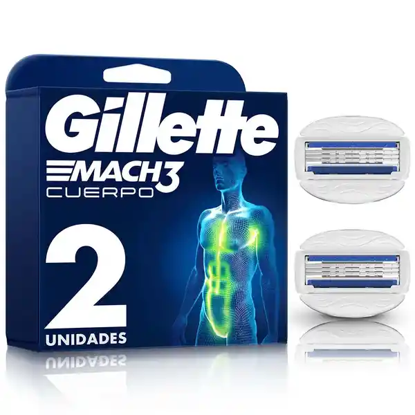 GILLETTE Mach 3 Cuerpo Repuestos para Cuchilla de afeitar con 3 Hojas 2 Repuestos Máquina de Afeitado Corporal Afeitadora para Hombre Zona Intima