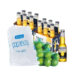 Combo Corona Extra Cerveza Lager + Frescampo Hielo Cubos + Limón