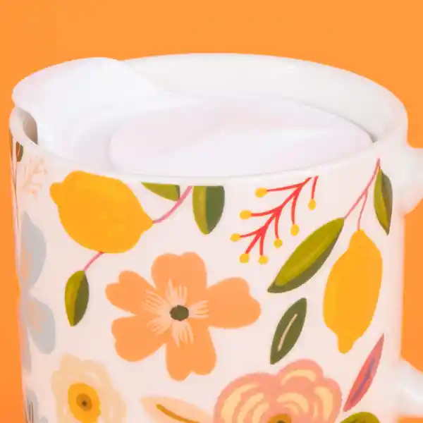 Taza Cerámica Con Tapa y Fondo de Corcho Flower 300 mL Miniso