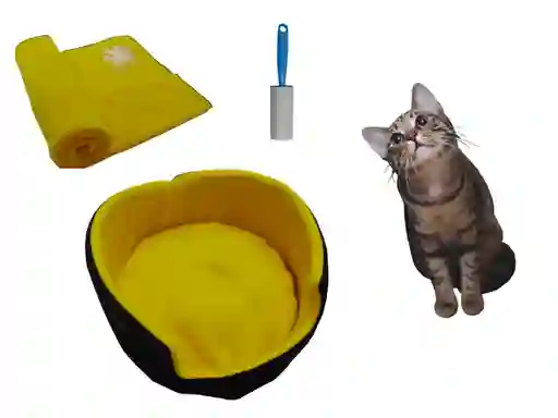 Hally Pets Set Gato Cama + Cobija + Quitamotas Amarillo OT0011