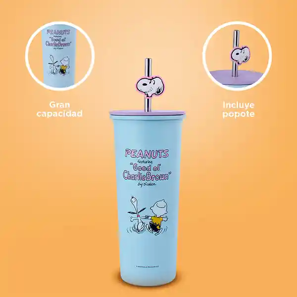 Vaso de Acero Inoxidable Con Pitillo Snoopy Azul 800 mL Miniso