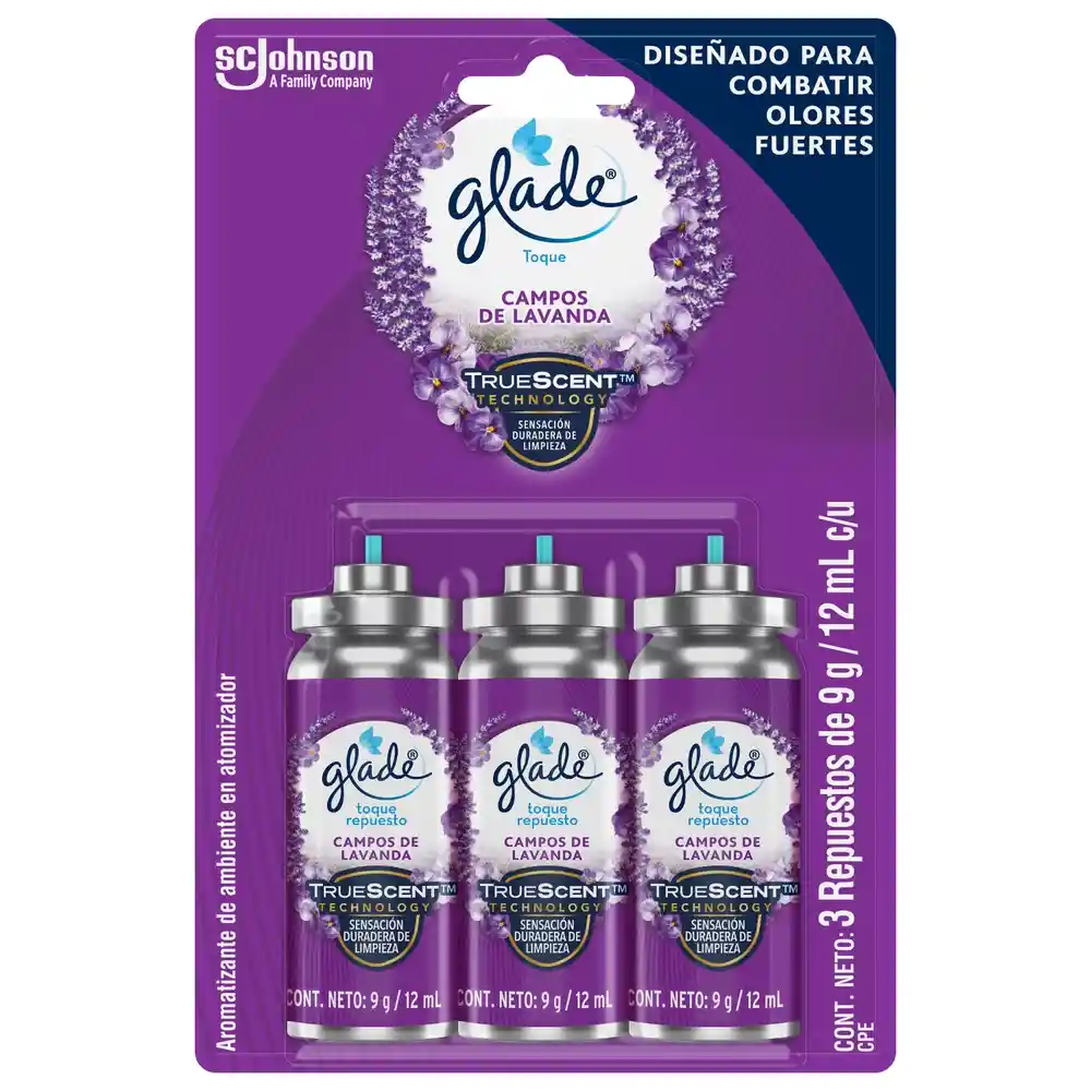 Glade Ambientador Toque Campos de lavanda 3 repuestos, 27g.