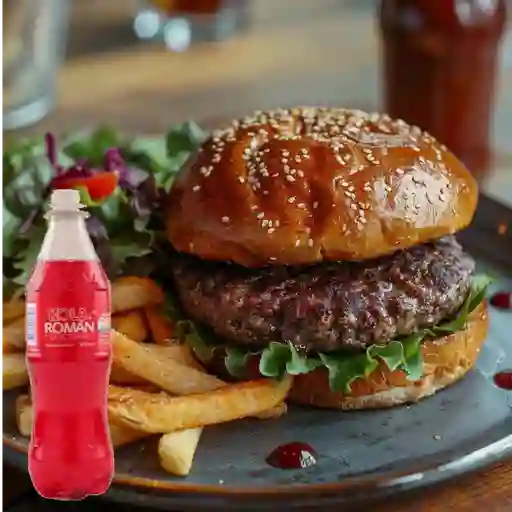 Hamburguesa clasica, papas y kola roman
