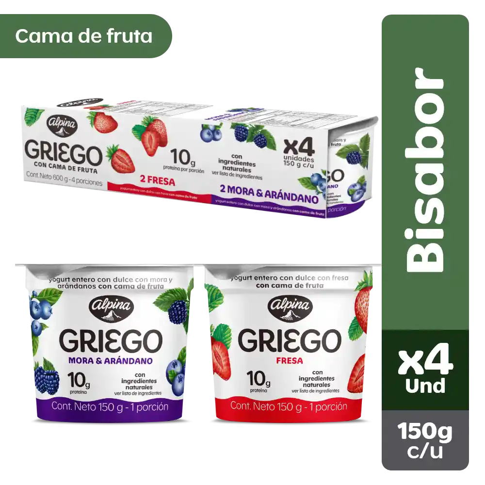 Alpina Yogurt Griego Multisabor Cama de Frutas Surtidos