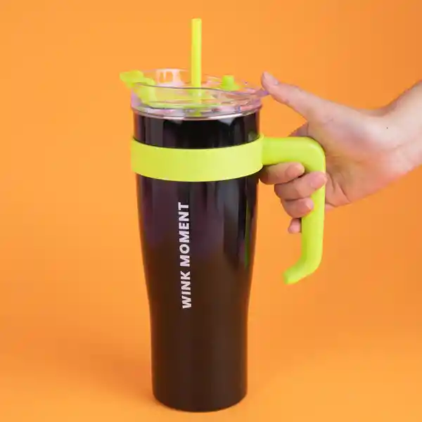 Vaso de Acero Con Pitillo Menta y Negro y Verde 1600 mL Miniso