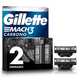 GILLETTE Mach 3 Carbono Repuestos para Cuchilla de afeitar con 3 Hojas con Carbón 2 Repuestos Máquina de Afeitar para Barba Afeitadora para Hombre