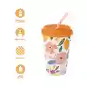 Vaso de Cerámica de Con Tapa y Pitillo Flores 400 mL Miniso