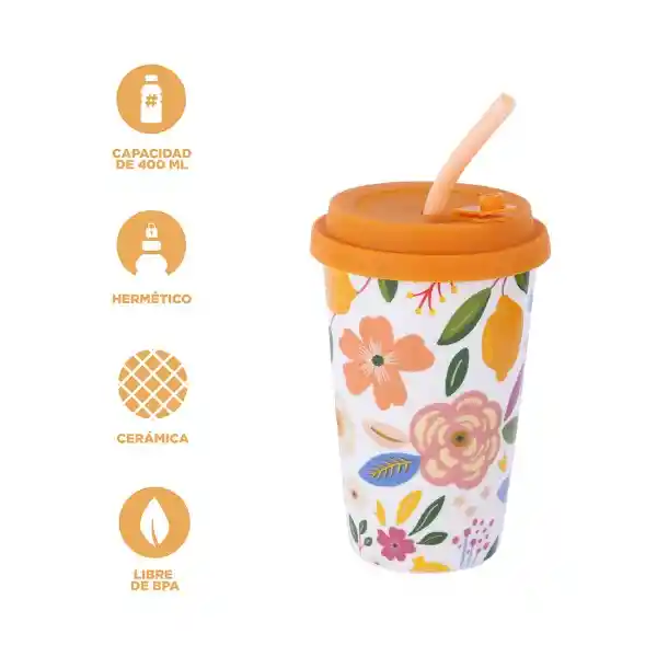 Vaso de Cerámica de Con Tapa y Pitillo Flores 400 mL Miniso